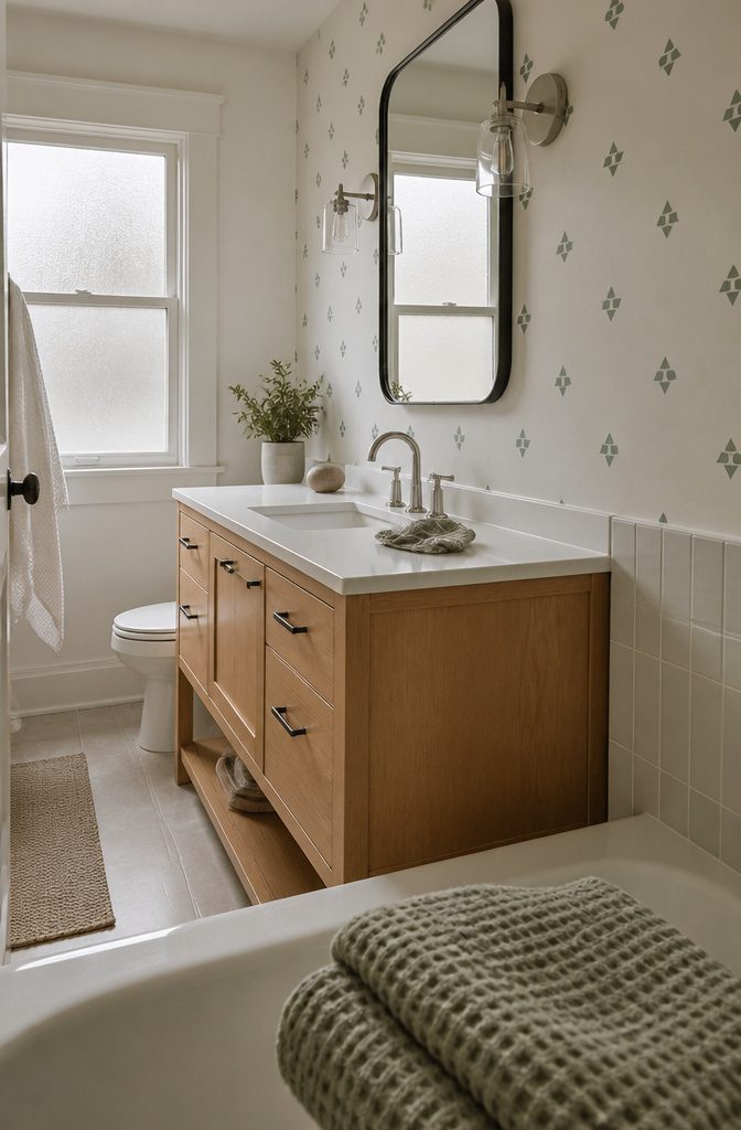 Sage-green geometric stencil pattern on a warm white bathroom wall