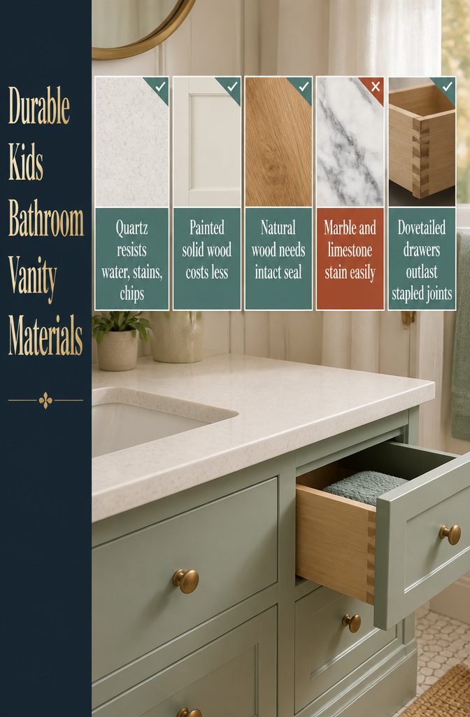Durable kids bathroom vanity materials infographic listing quartz and wood