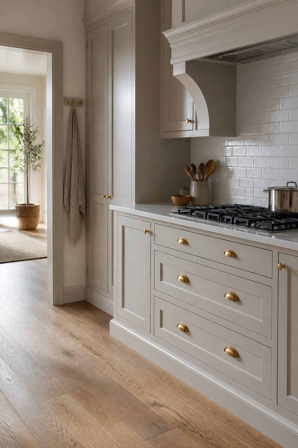 Kitchen featuring Cornforth White cabinets and natural oak flooring.