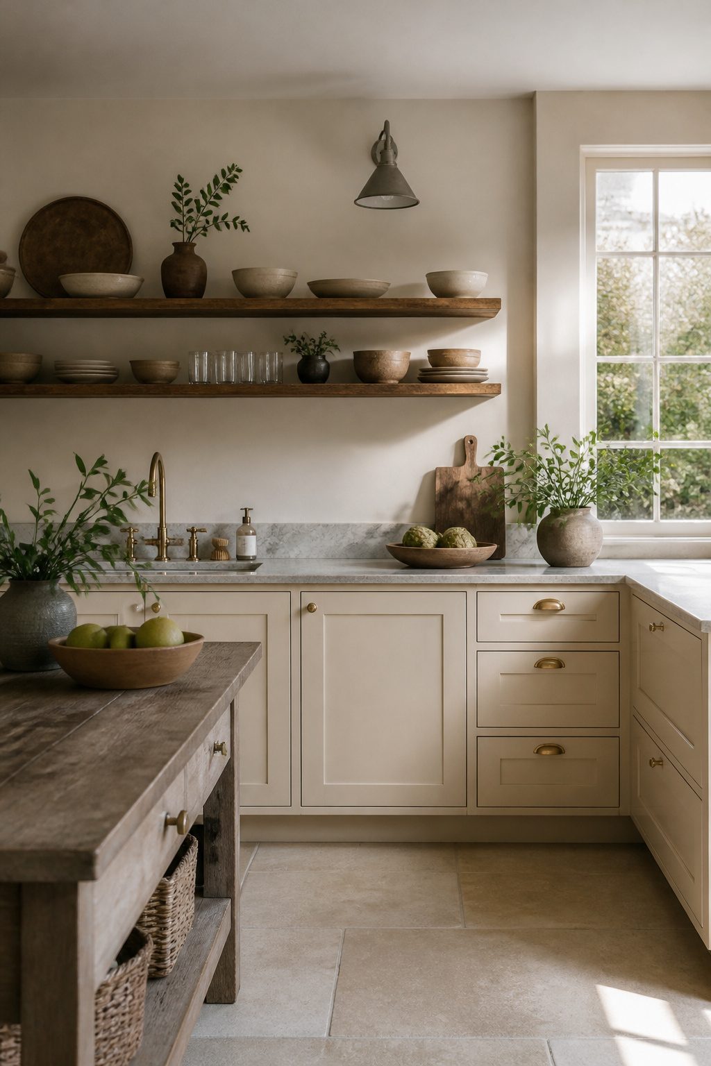 Kitchen with Drop Cloth cabinets and substantial stone countertops.