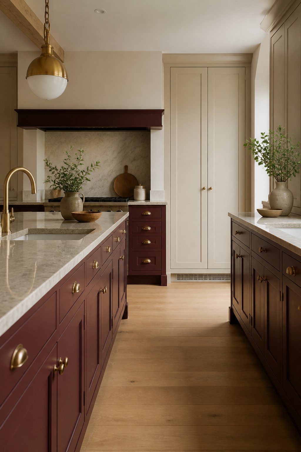 Kitchen featuring Etruscan Red lower cabinets and pale oak flooring.