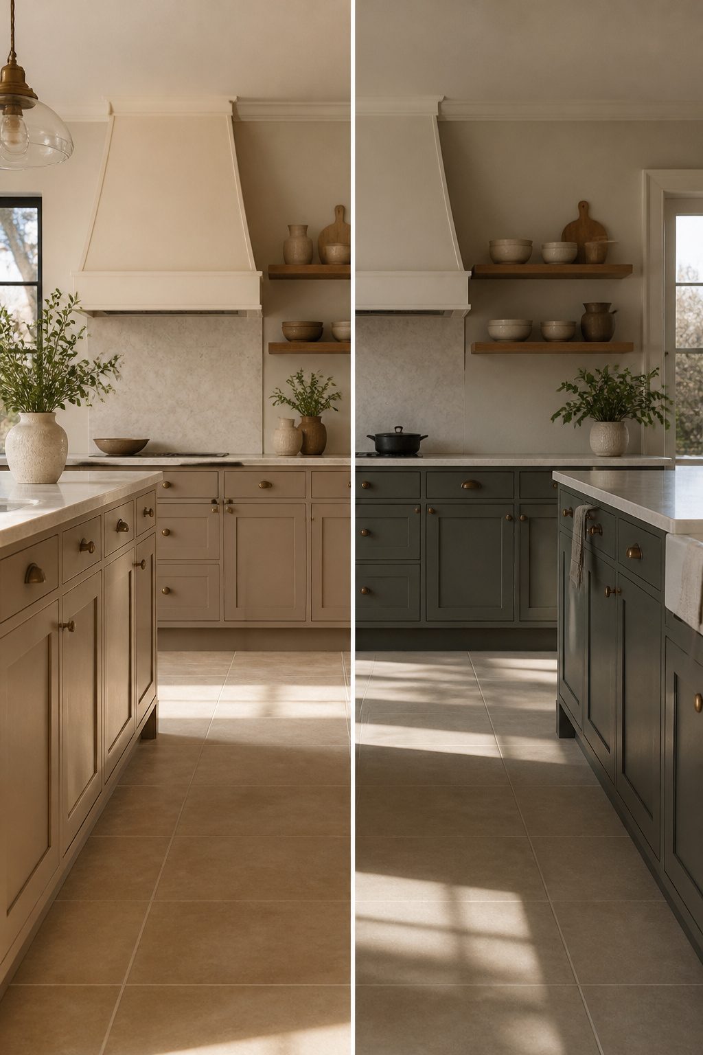 Illustration showing how different light affects cabinet colors.