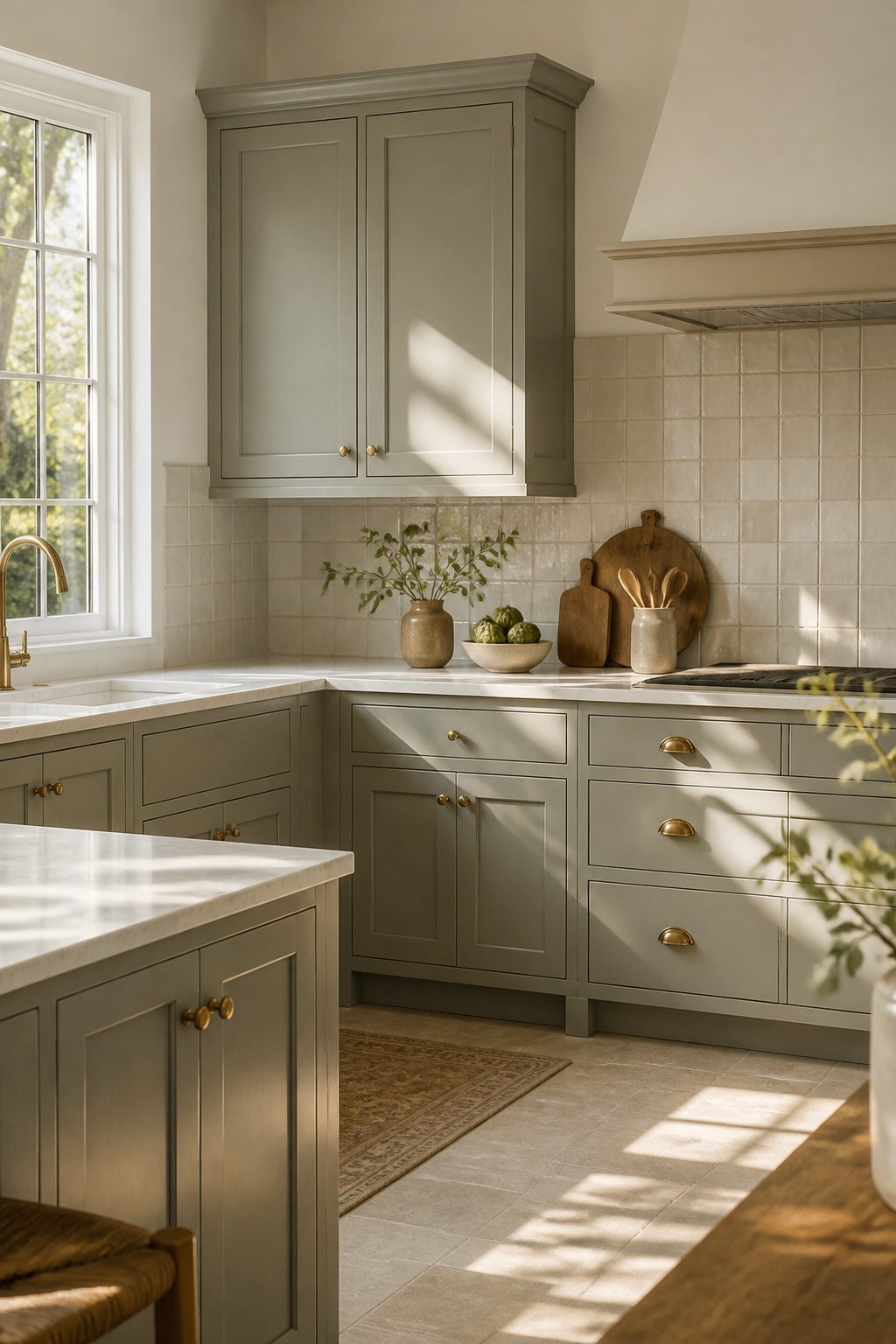 Kitchen featuring Lamp Room Gray cabinets and creamy white countertops.