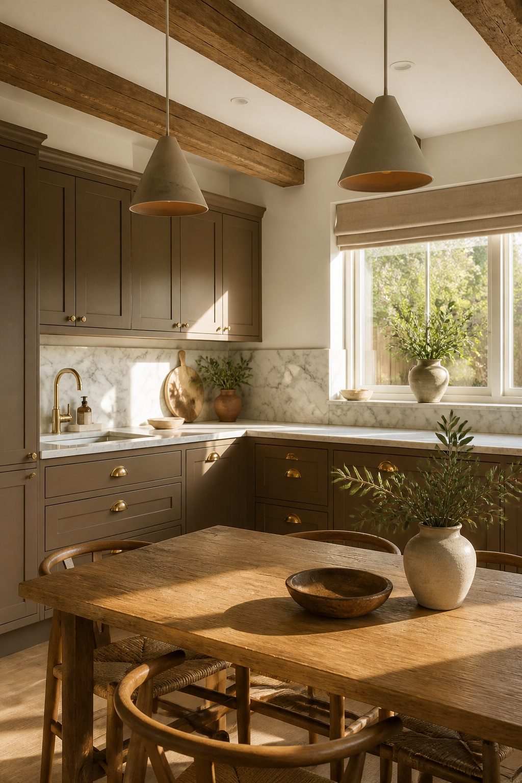Kitchen featuring London Clay cabinets and honed marble countertops.