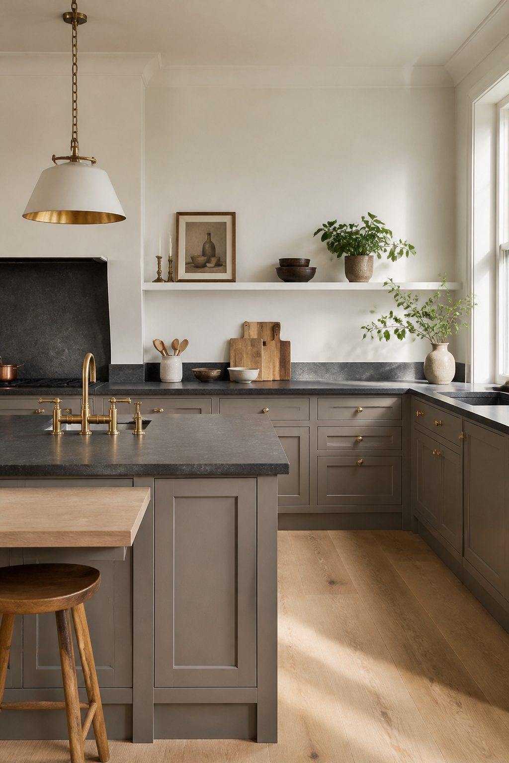 Kitchen with Pavilion Gray cabinets and dark stone countertops.