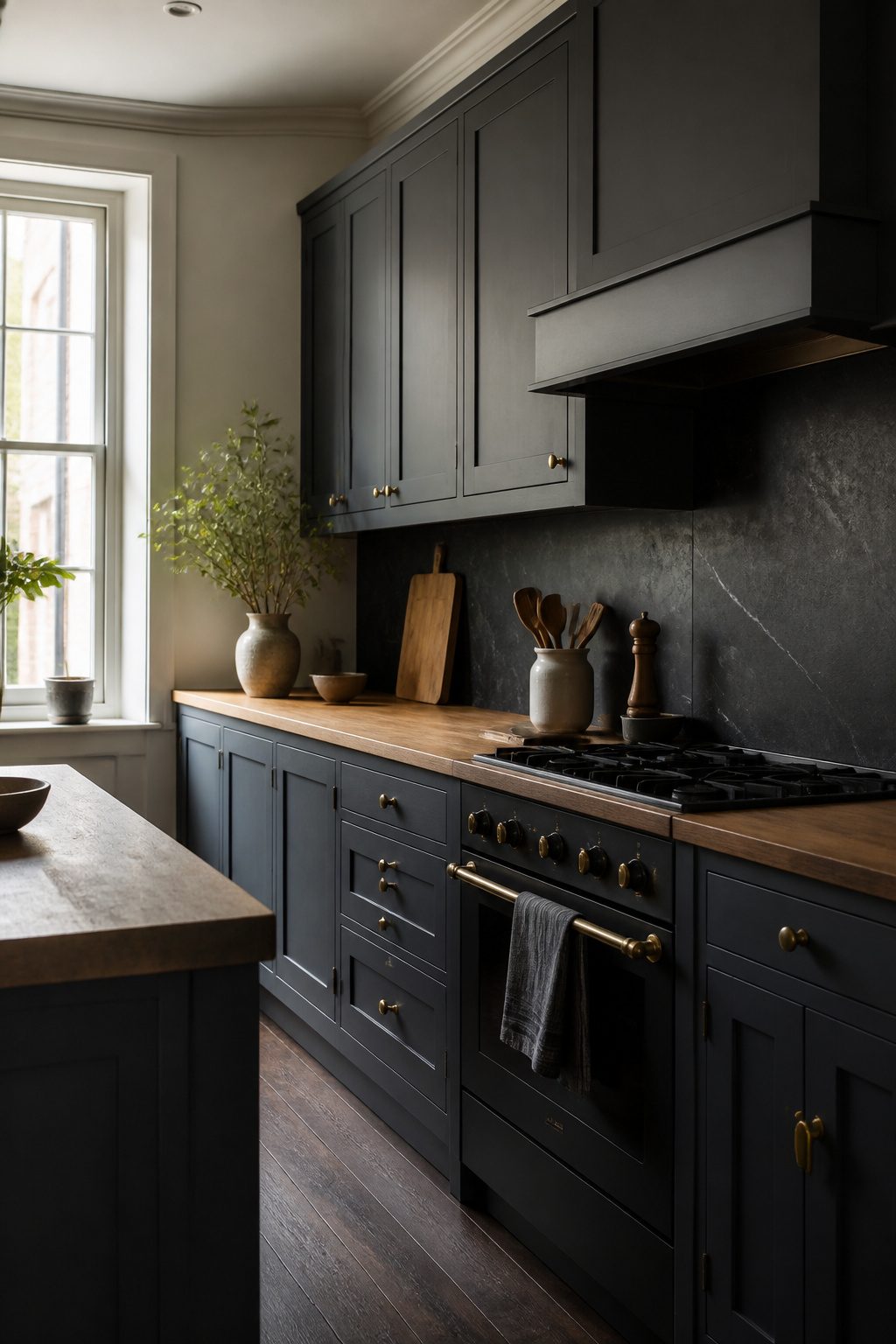 Kitchen with Railings cabinets and warm wooden countertops.