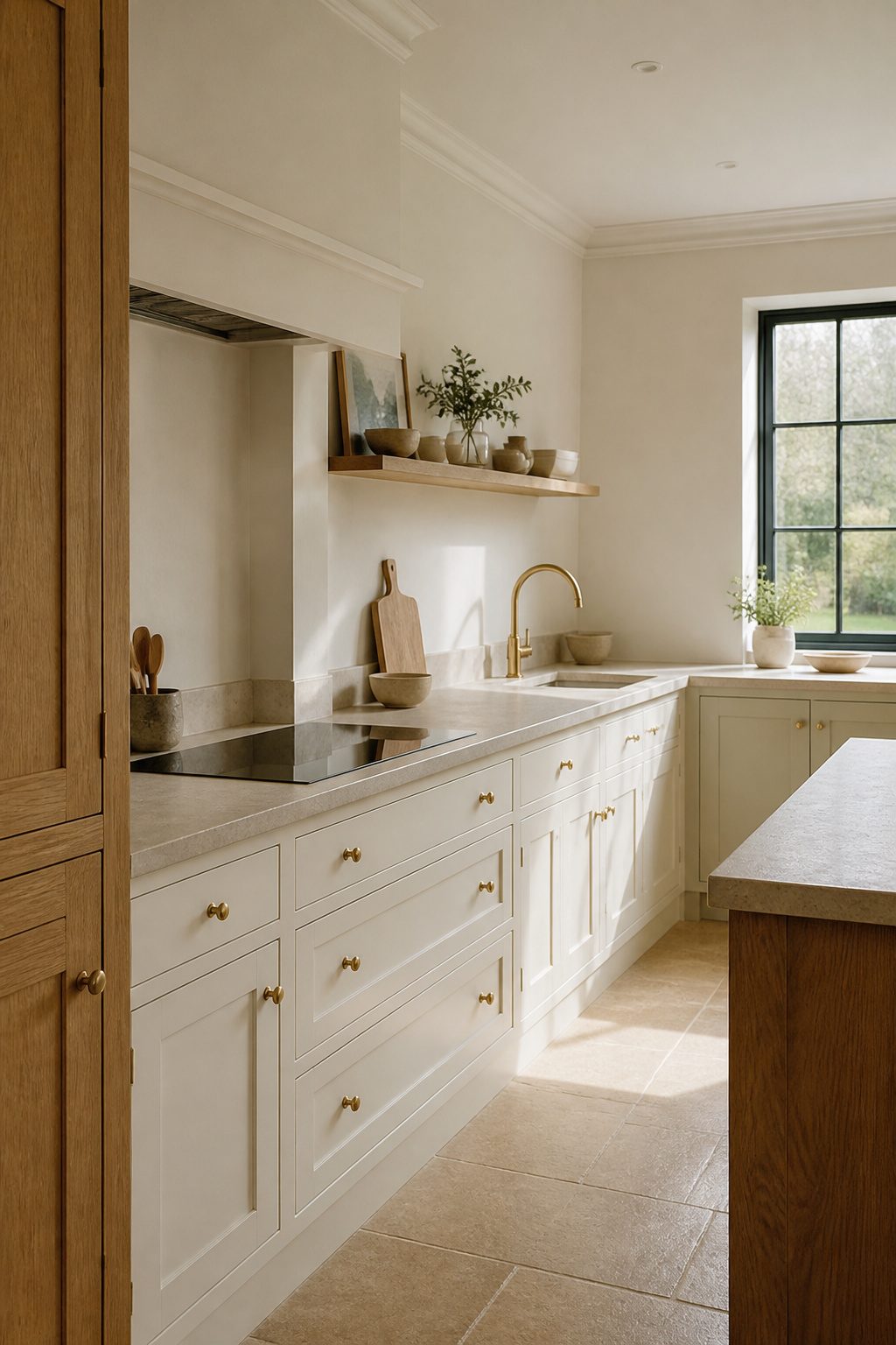 Kitchen with Shaded White cabinets and honed limestone countertops.