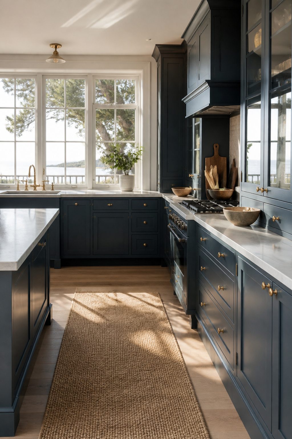 Kitchen featuring Stone Blue cabinets and light marble countertops.