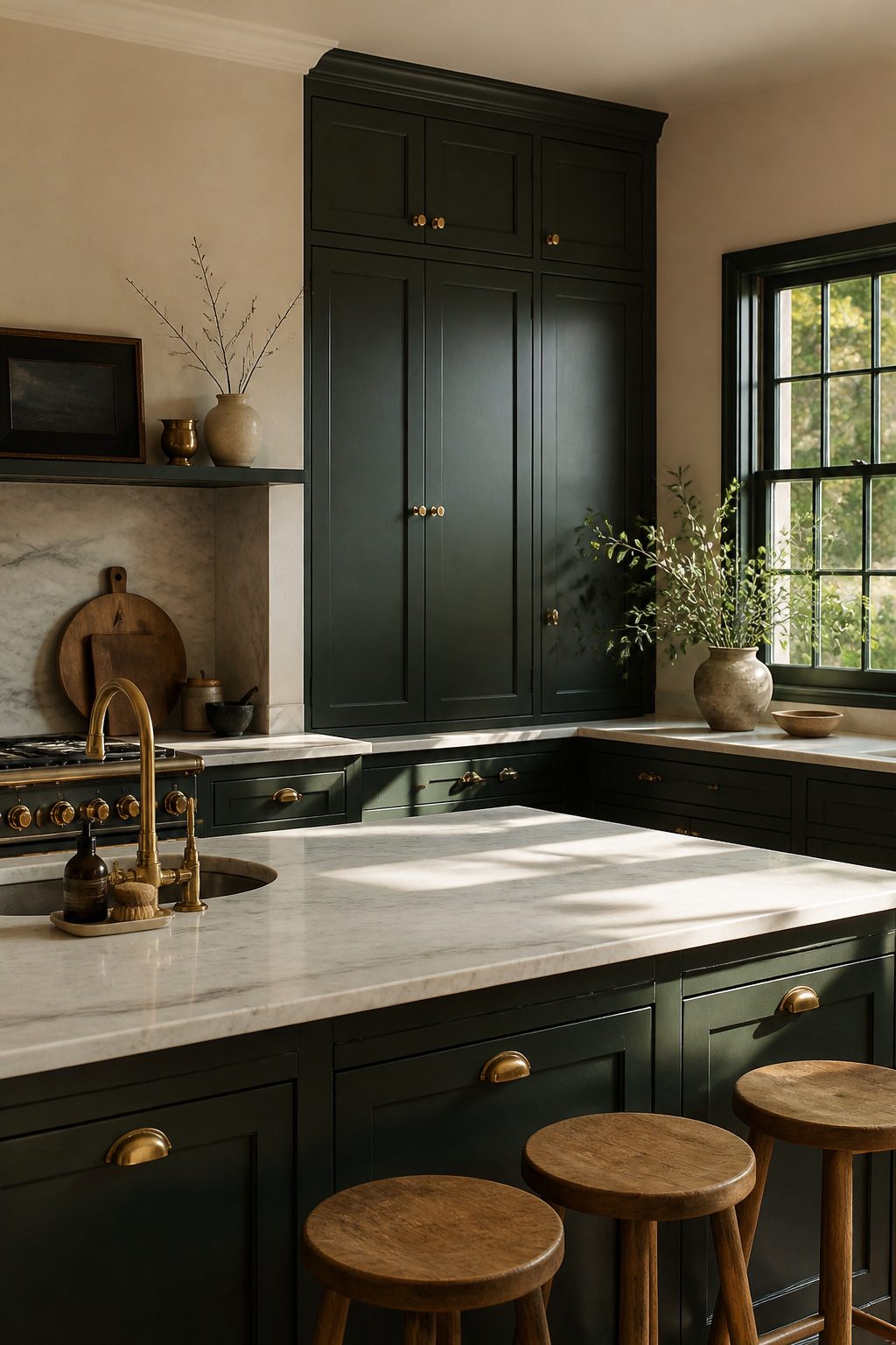 Kitchen with Studio Green cabinets and white stone countertops.