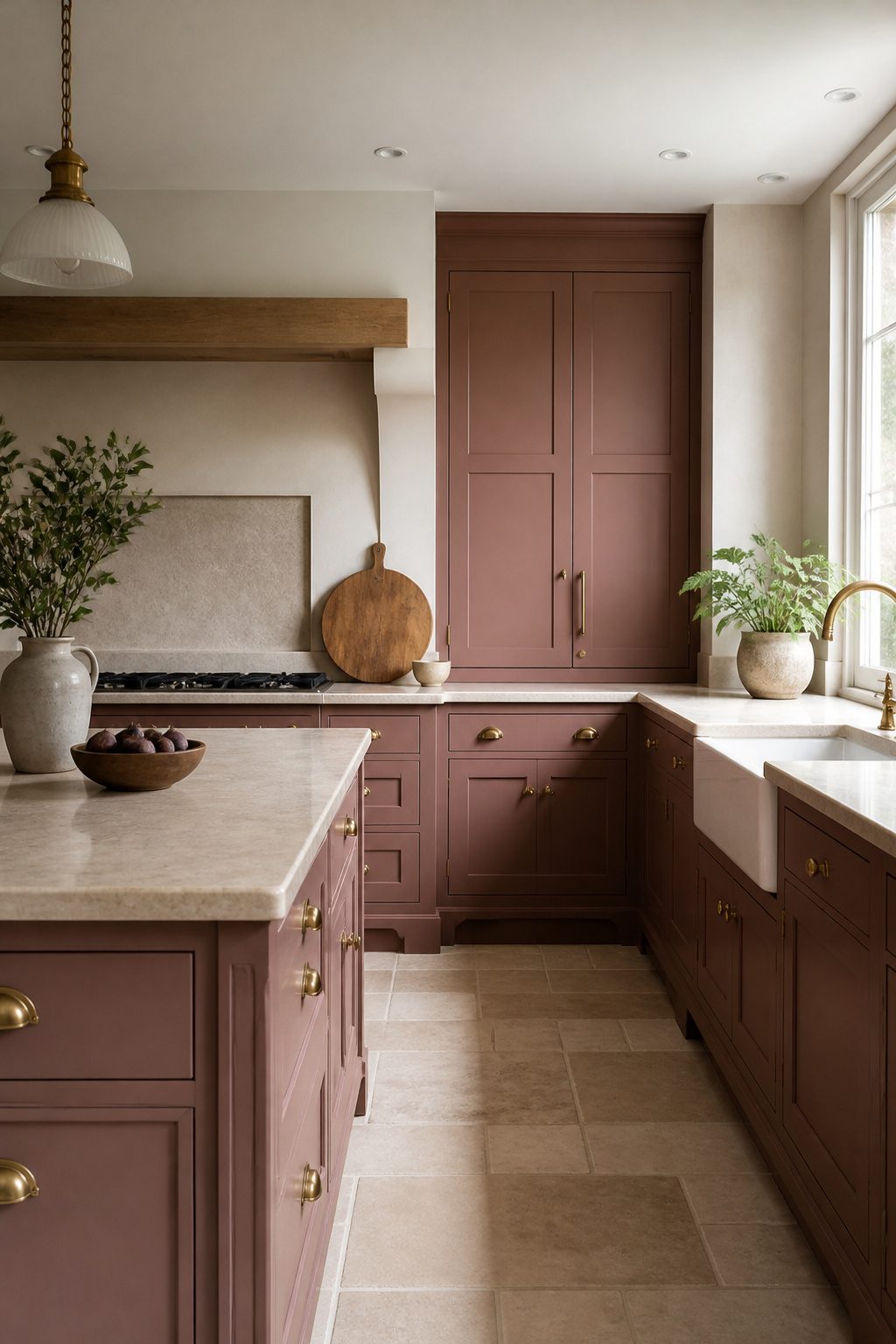 Kitchen with Templeton Pink cabinets and creamy stone countertops.