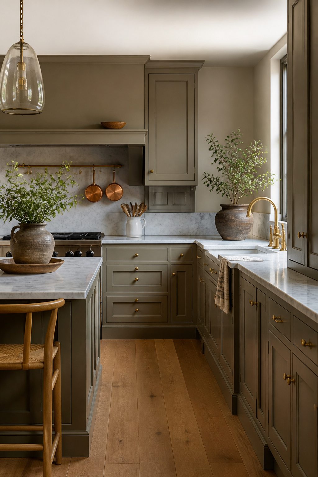 Kitchen with Treron cabinets and warm oak flooring.