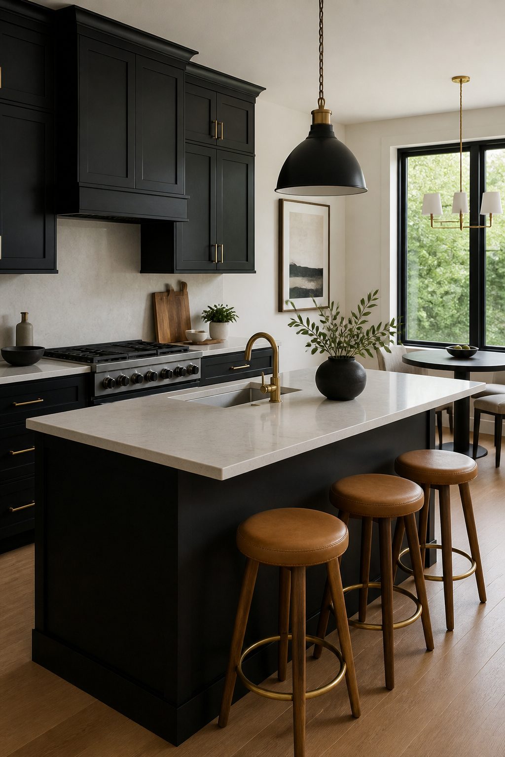 Kitchen featuring black cabinets and a light quartz countertop.
