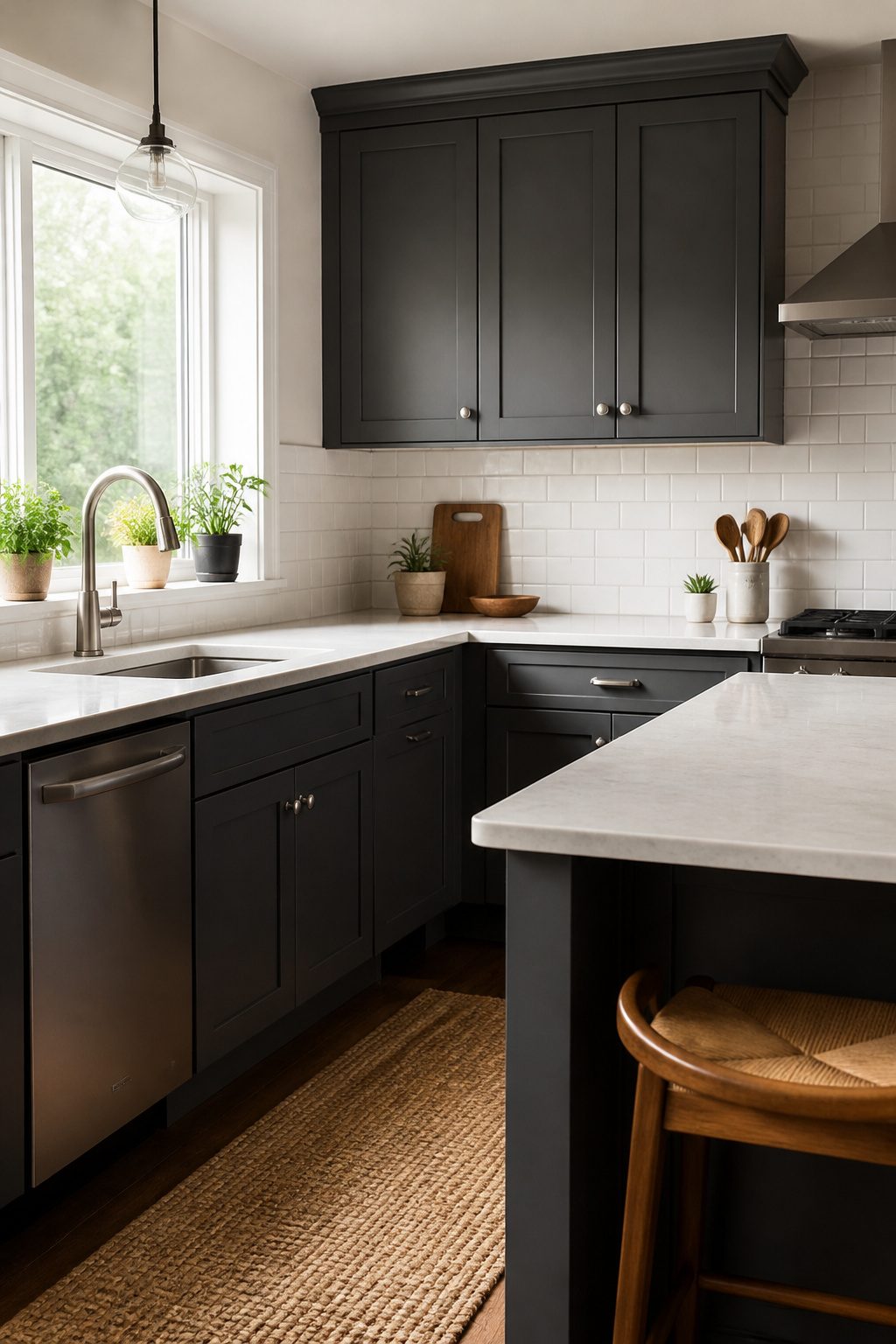 Kitchen showcasing charcoal gray cabinets and light quartz countertop.