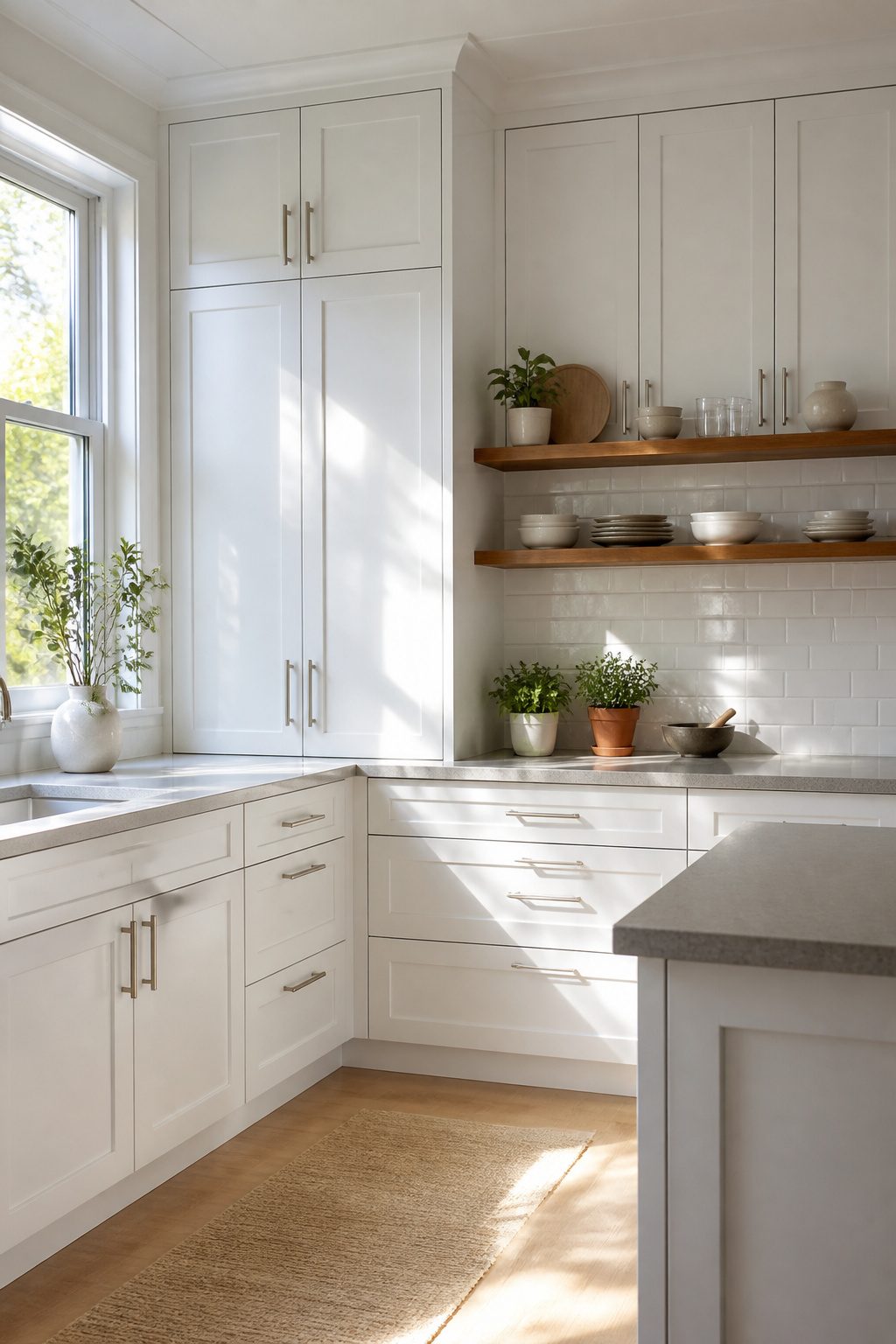 Bright kitchen with white cabinets and a gray countertop.