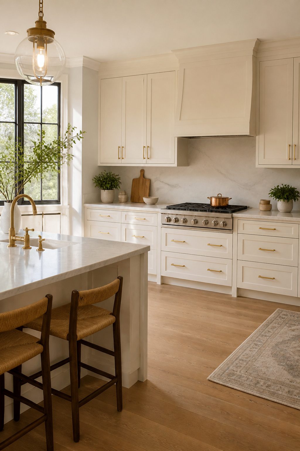 Kitchen showcasing cream cabinets and off-white walls.