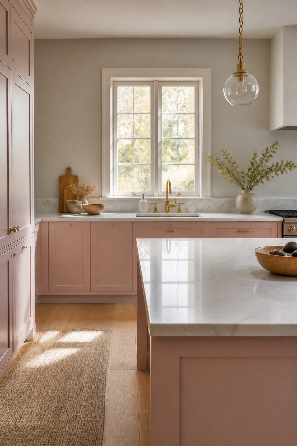 Kitchen featuring dusty pink cabinets and white marble countertop.