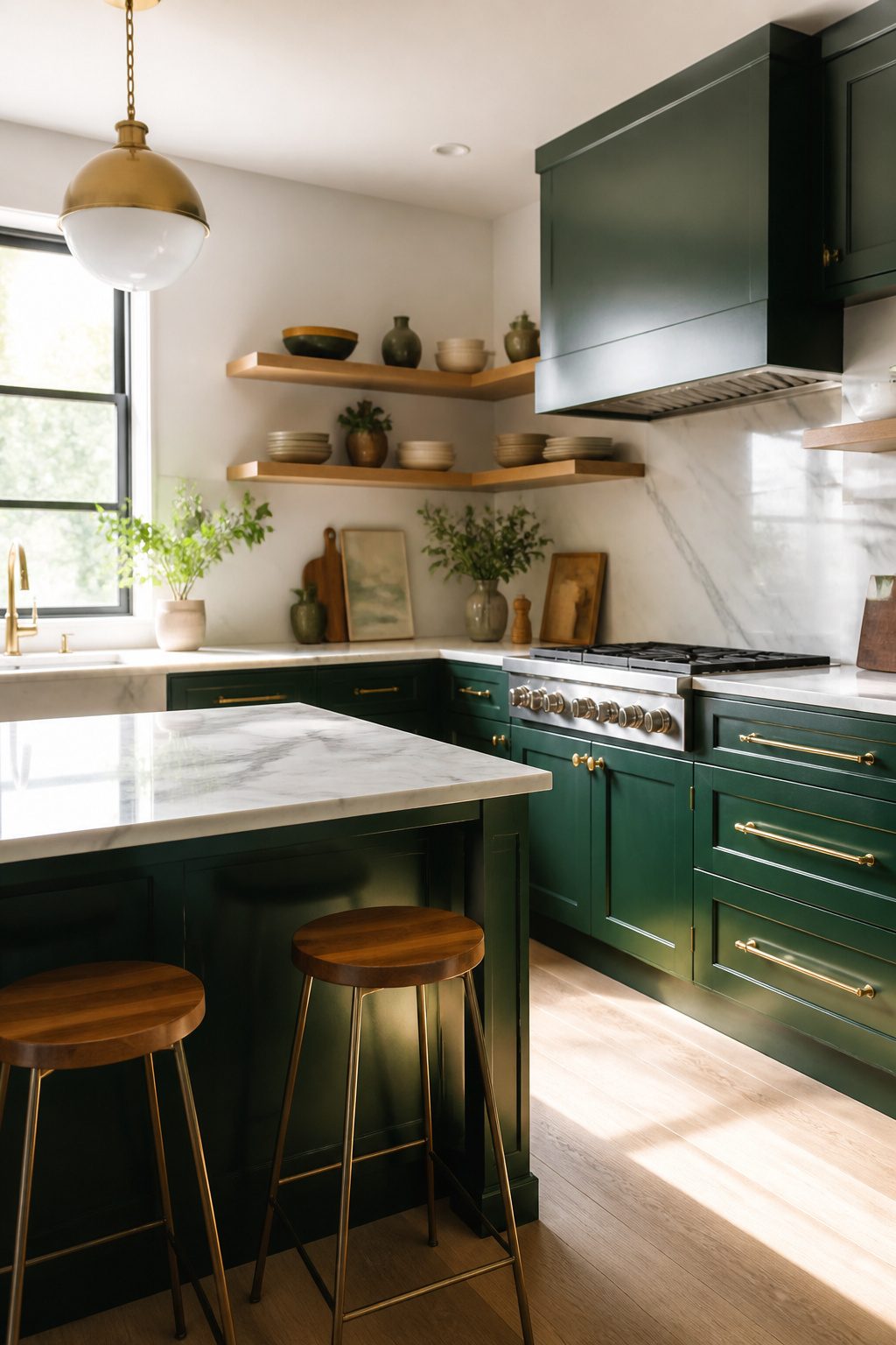 Kitchen with glossy emerald green cabinets and white marble countertops.