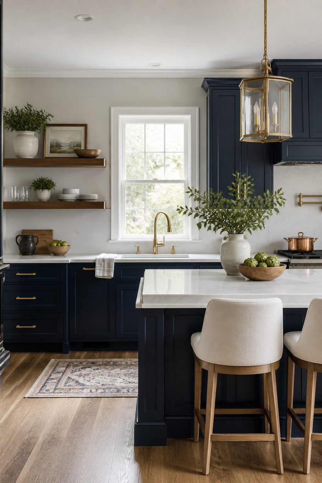 Stylish kitchen featuring navy blue cabinets and white marble countertop.