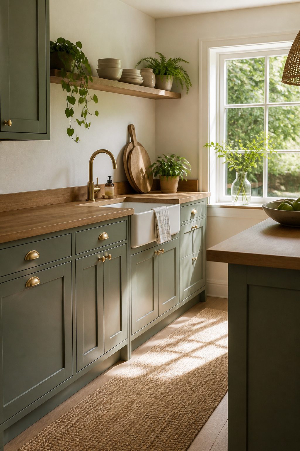 Kitchen with sage green cabinets and natural wood accents.