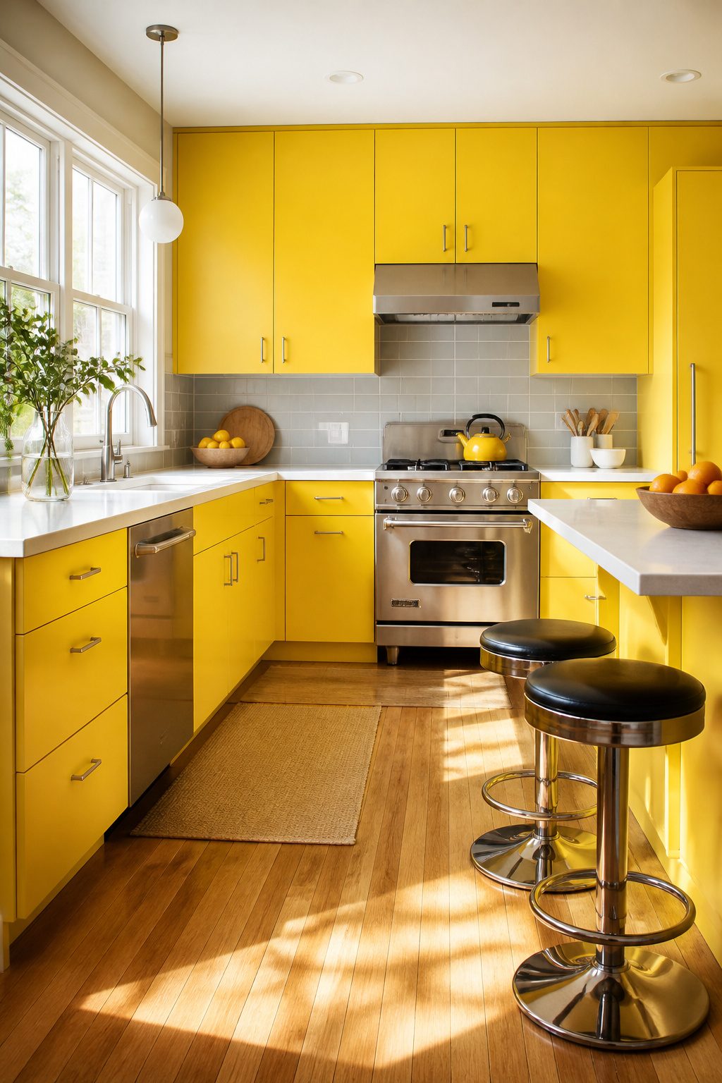 Bright kitchen with yellow cabinets and white countertops.