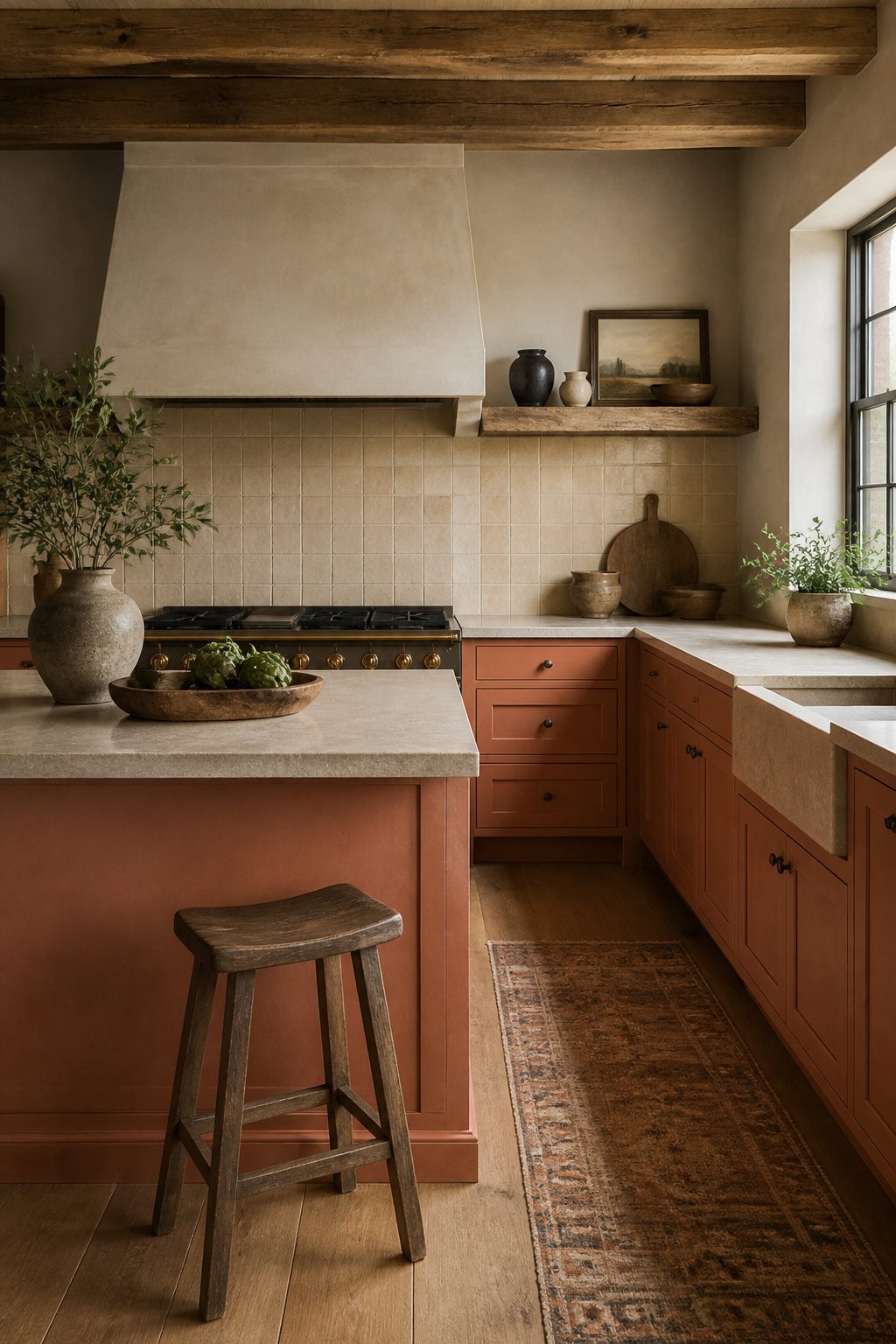 Rustic kitchen with terracotta cabinets and light beige backsplash.
