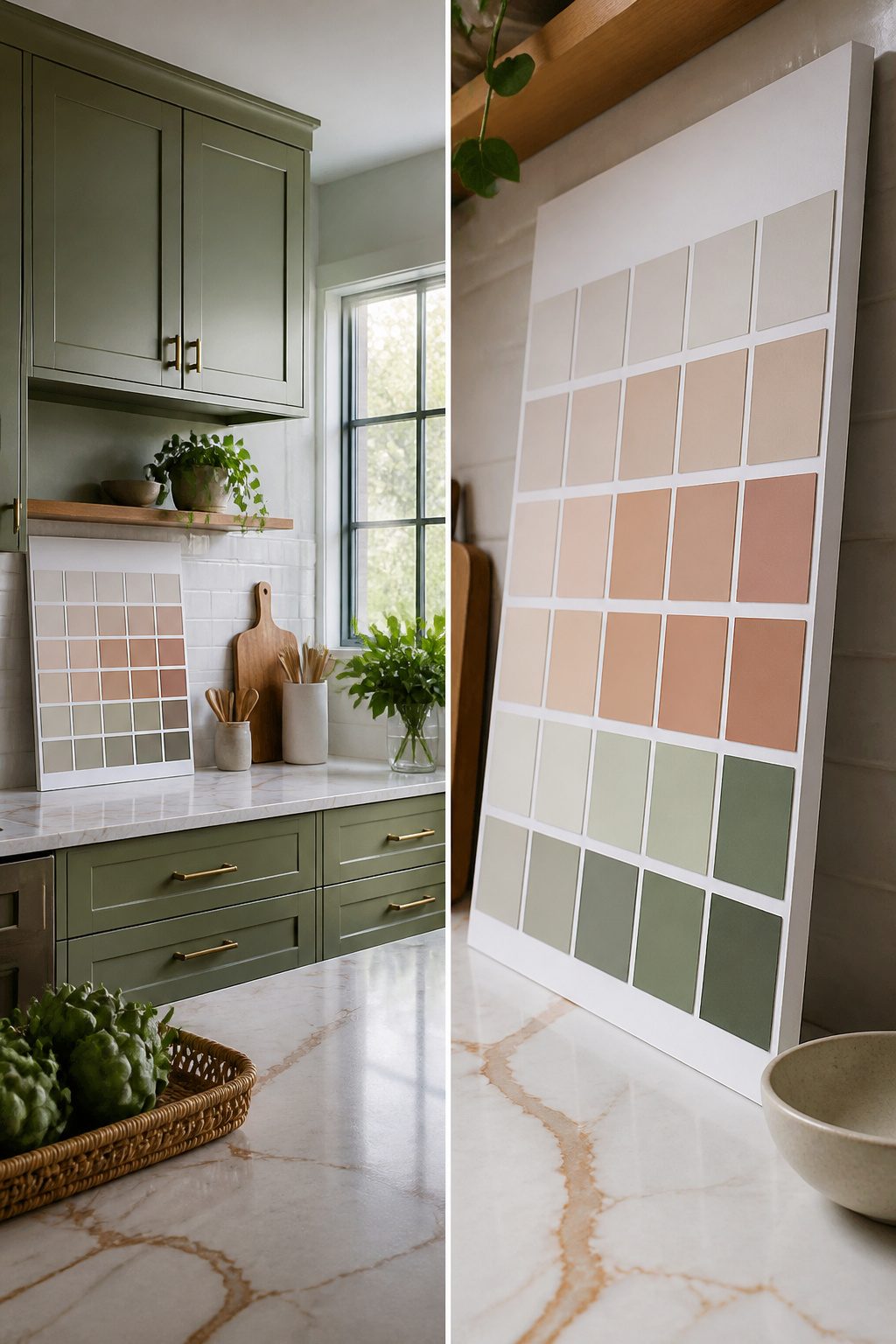 Color samples displayed in a kitchen setting.
