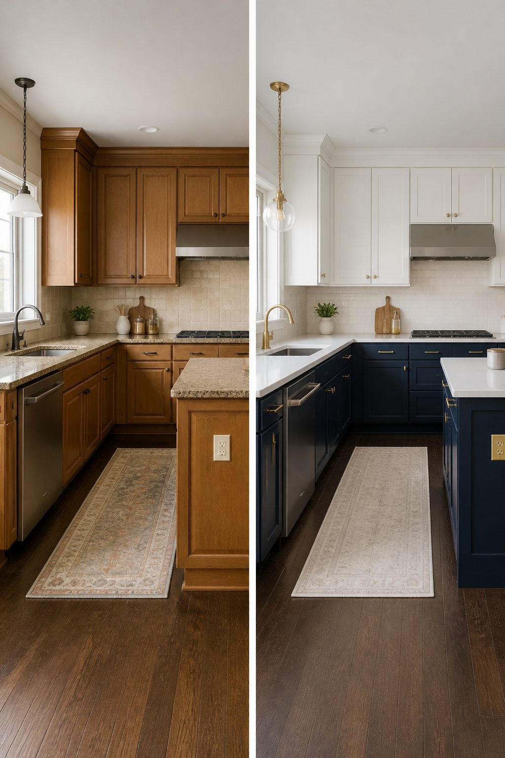 Kitchen with two-tone cabinets in navy and white.