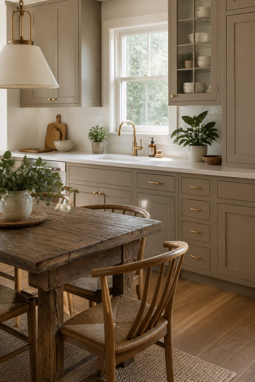 Warm kitchen with greige cabinets and rustic dining table.