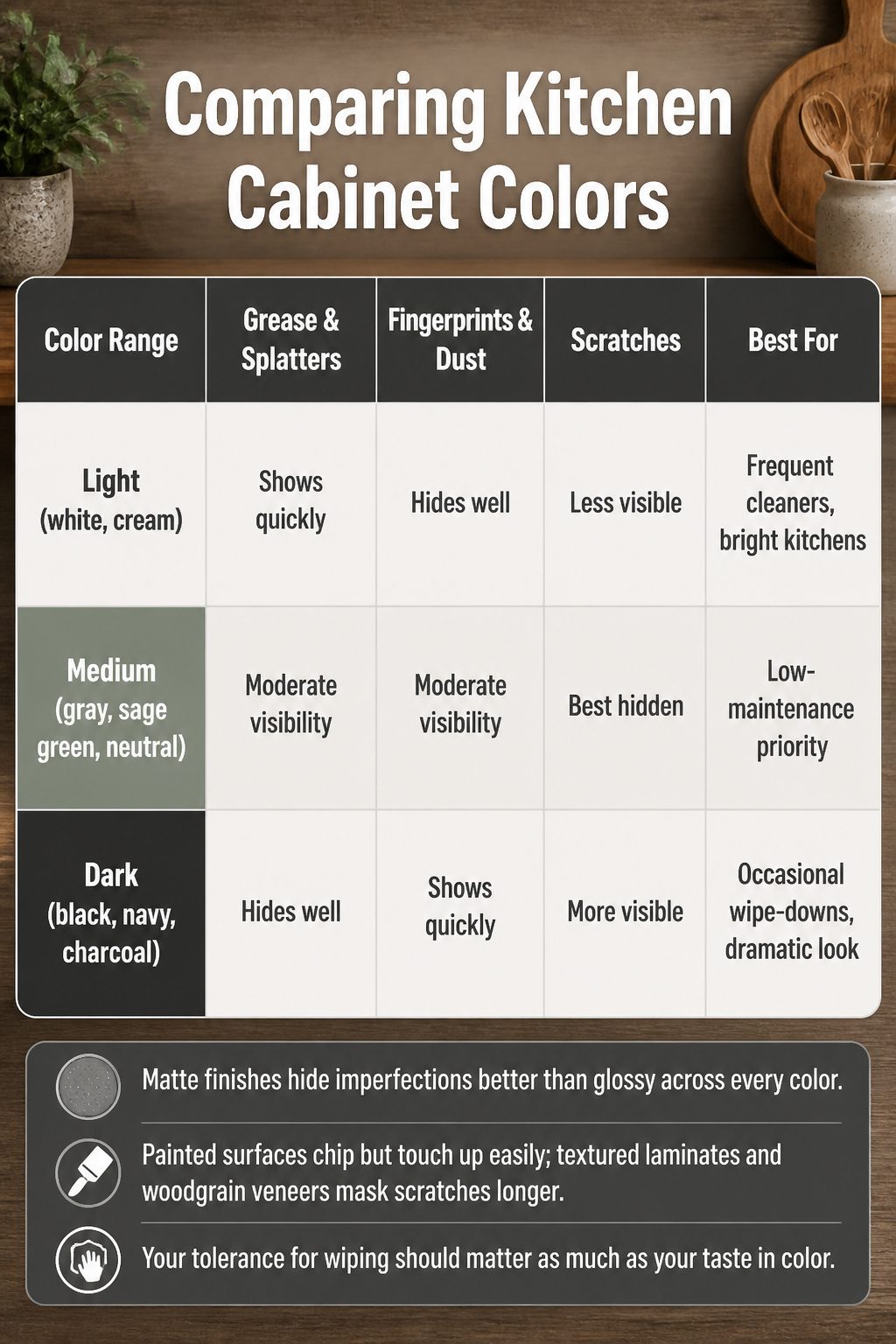 Chart comparing how different cabinet colors handle grease and fingerprints.