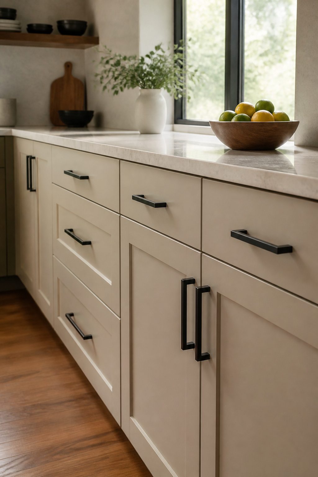 Kitchen cabinets with matte black hardware against warm flat-panel doors.