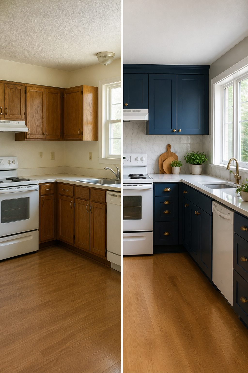 Kitchen with warm neutral walls and deep blue cabinetry.
