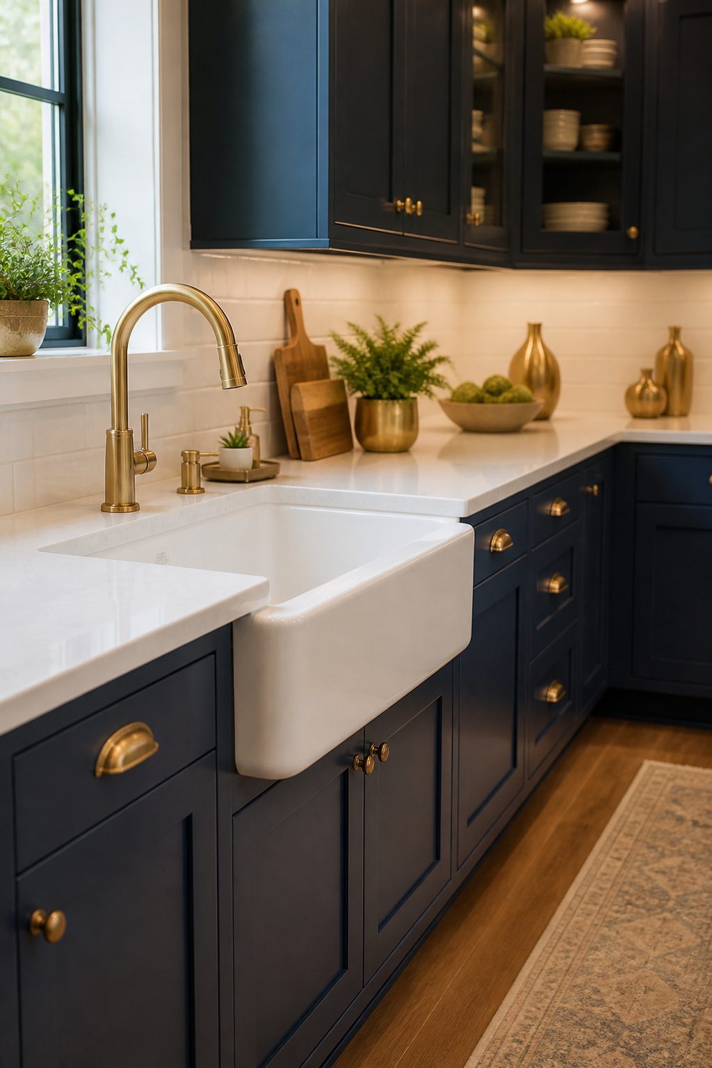Brass faucet above a white farmhouse sink in a kitchen.