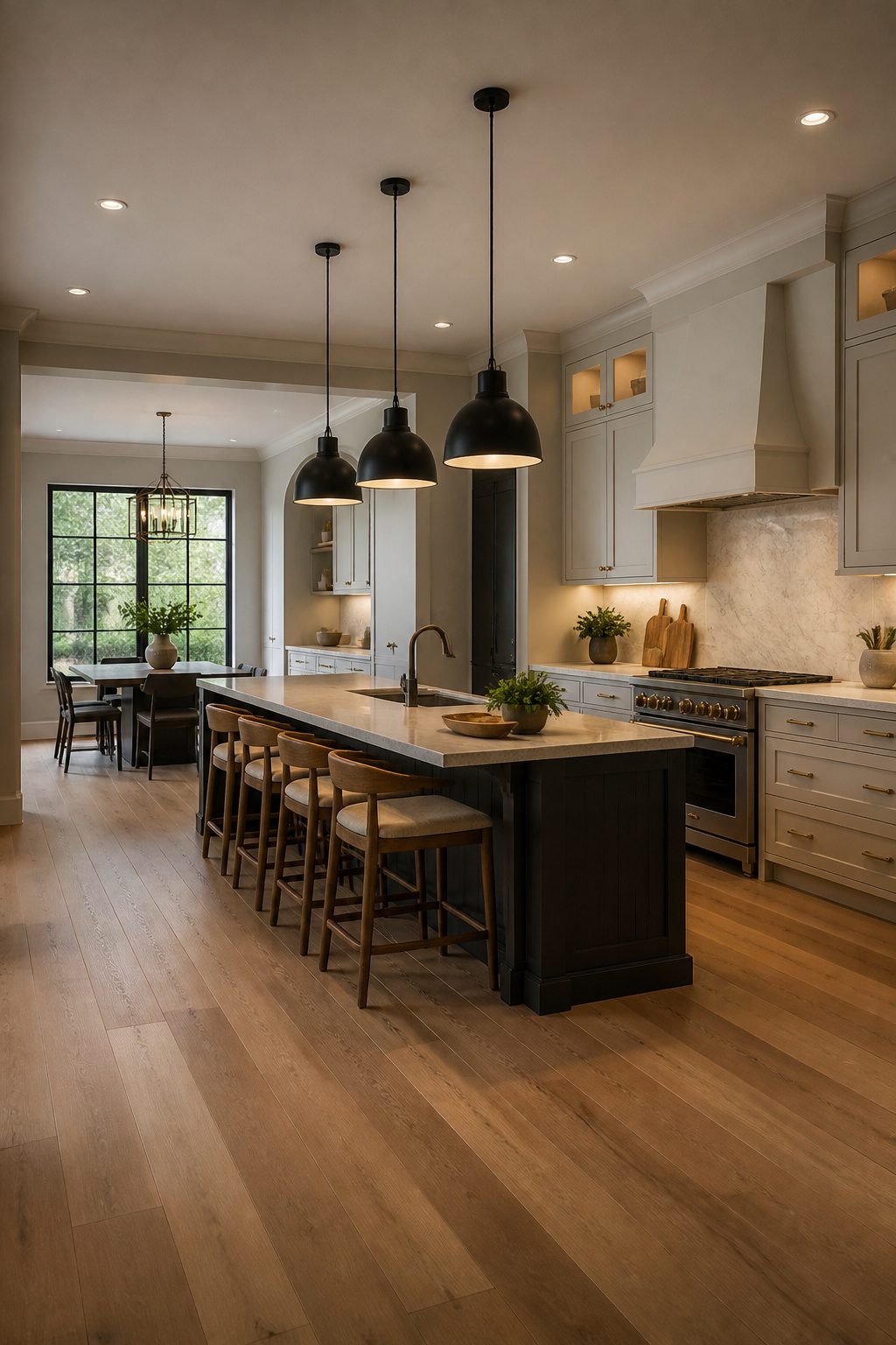 Metal pendant lights hanging above a kitchen island.