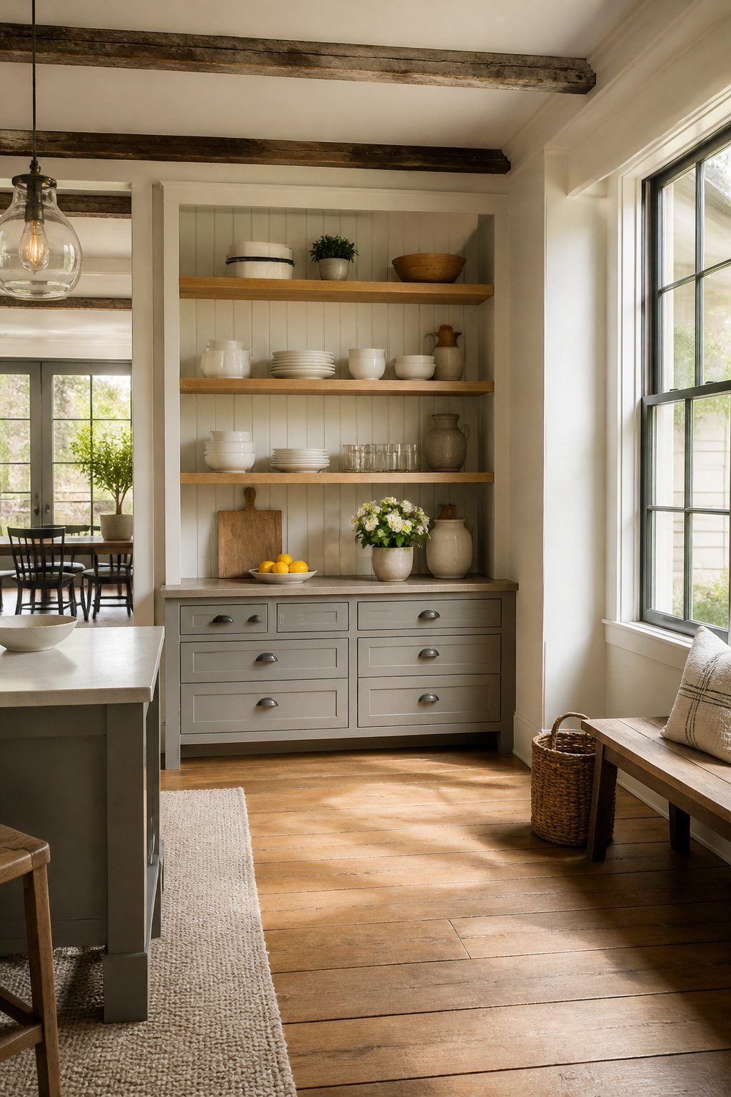 A tidy kitchen counter with organized items and clear surfaces.