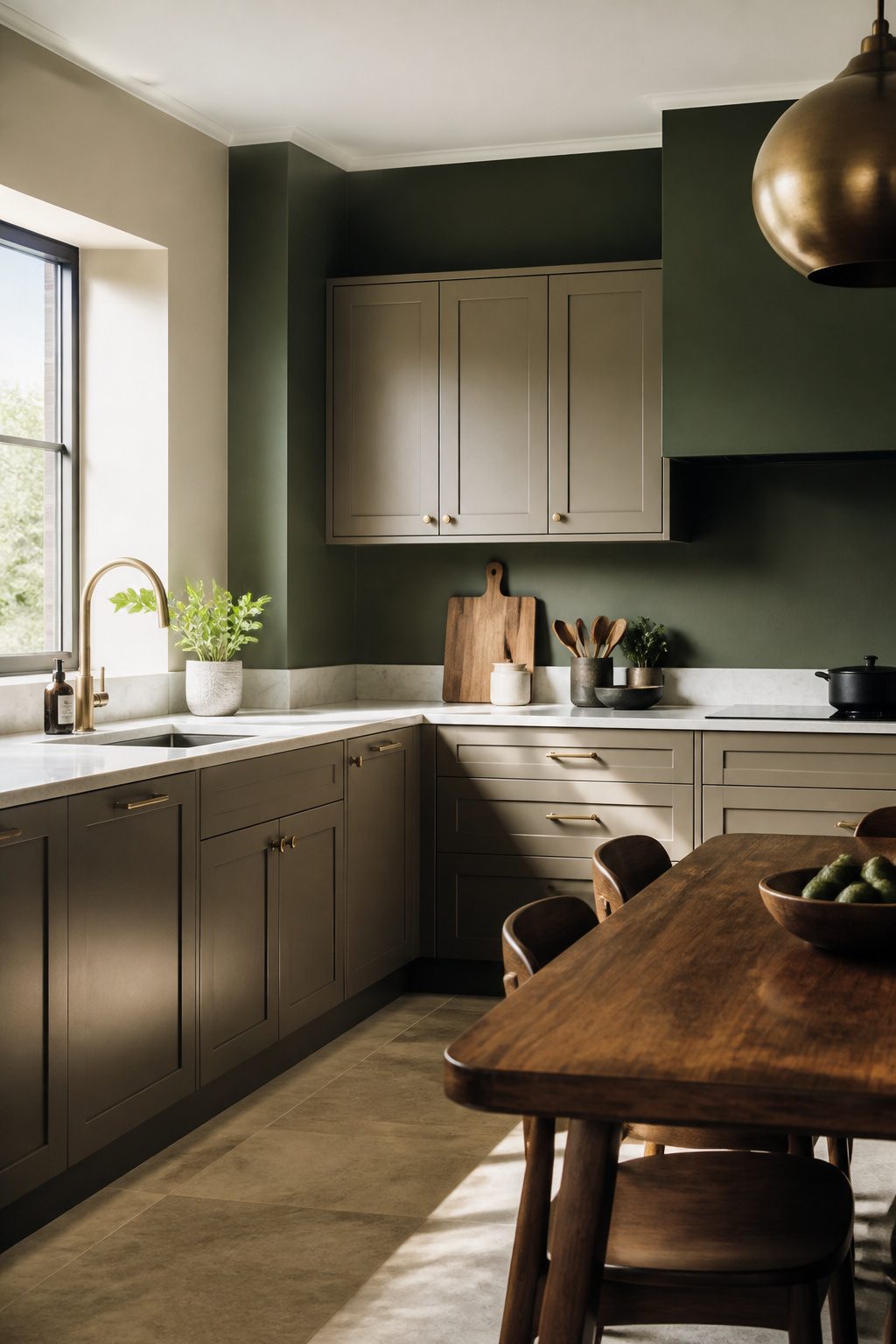 A kitchen with warm neutral walls and deep green cabinetry accents.