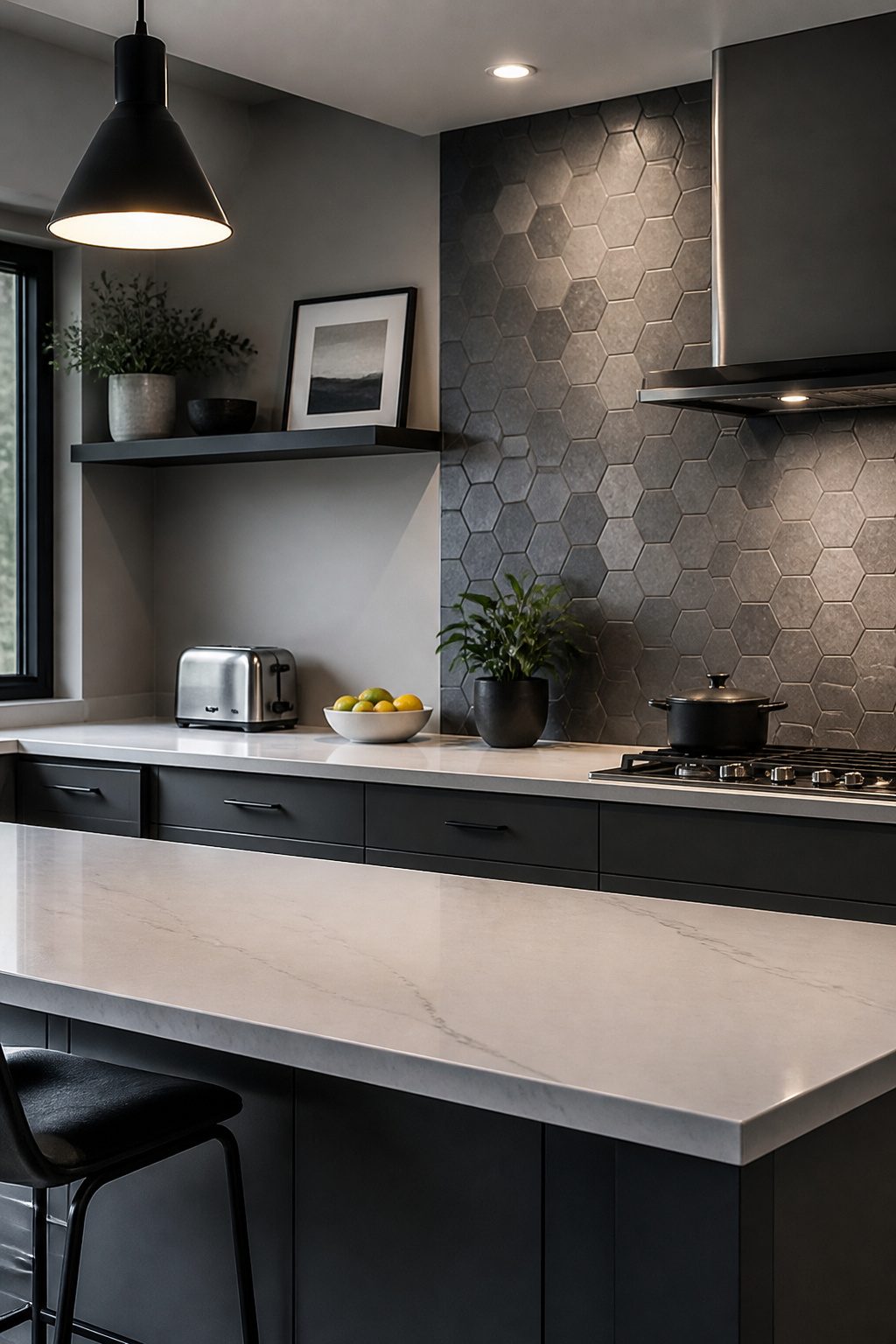 A modern kitchen with gray walls and a hexagonal tile backsplash.