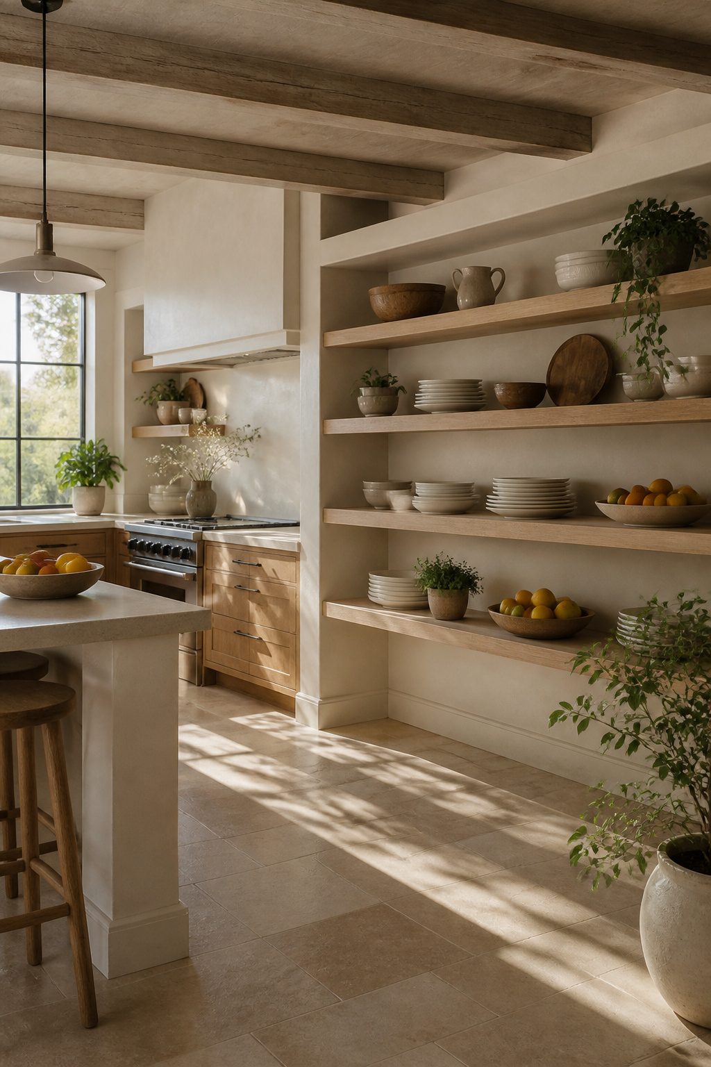 Open shelves displaying dishes and decorative items in a kitchen.