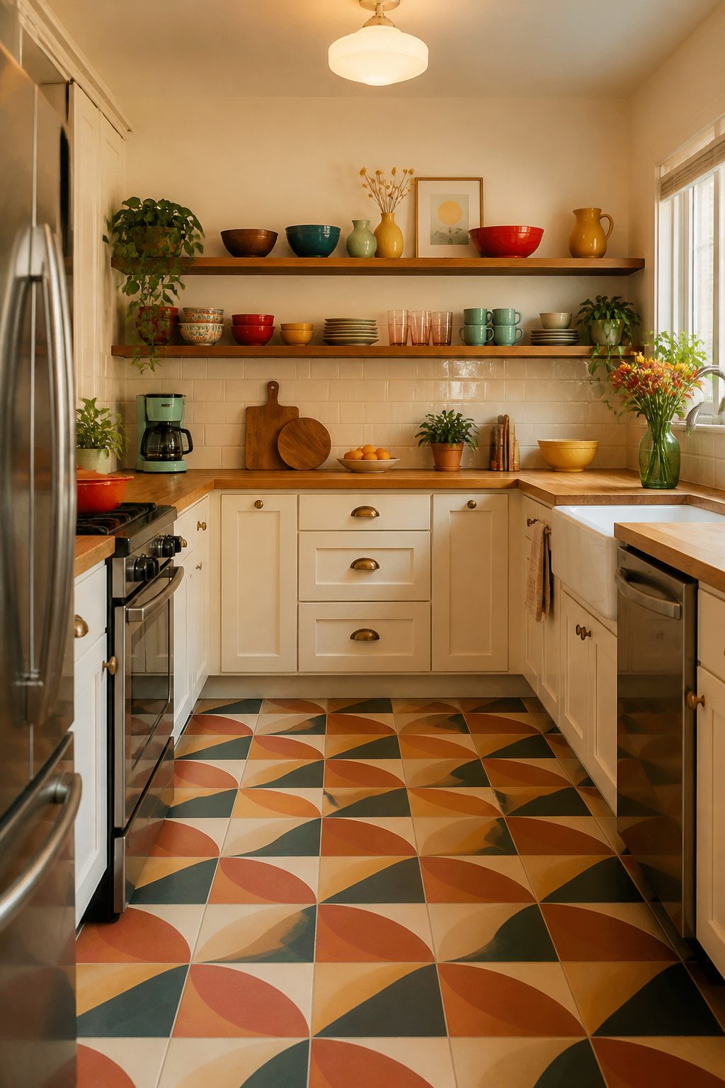 A vibrant retro kitchen with geometric tile flooring and light cabinetry.