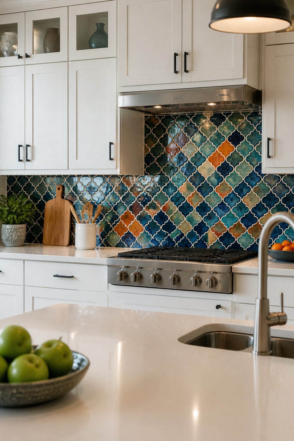 Kitchen backsplash with colorful mosaic tile contrasting with a white countertop.