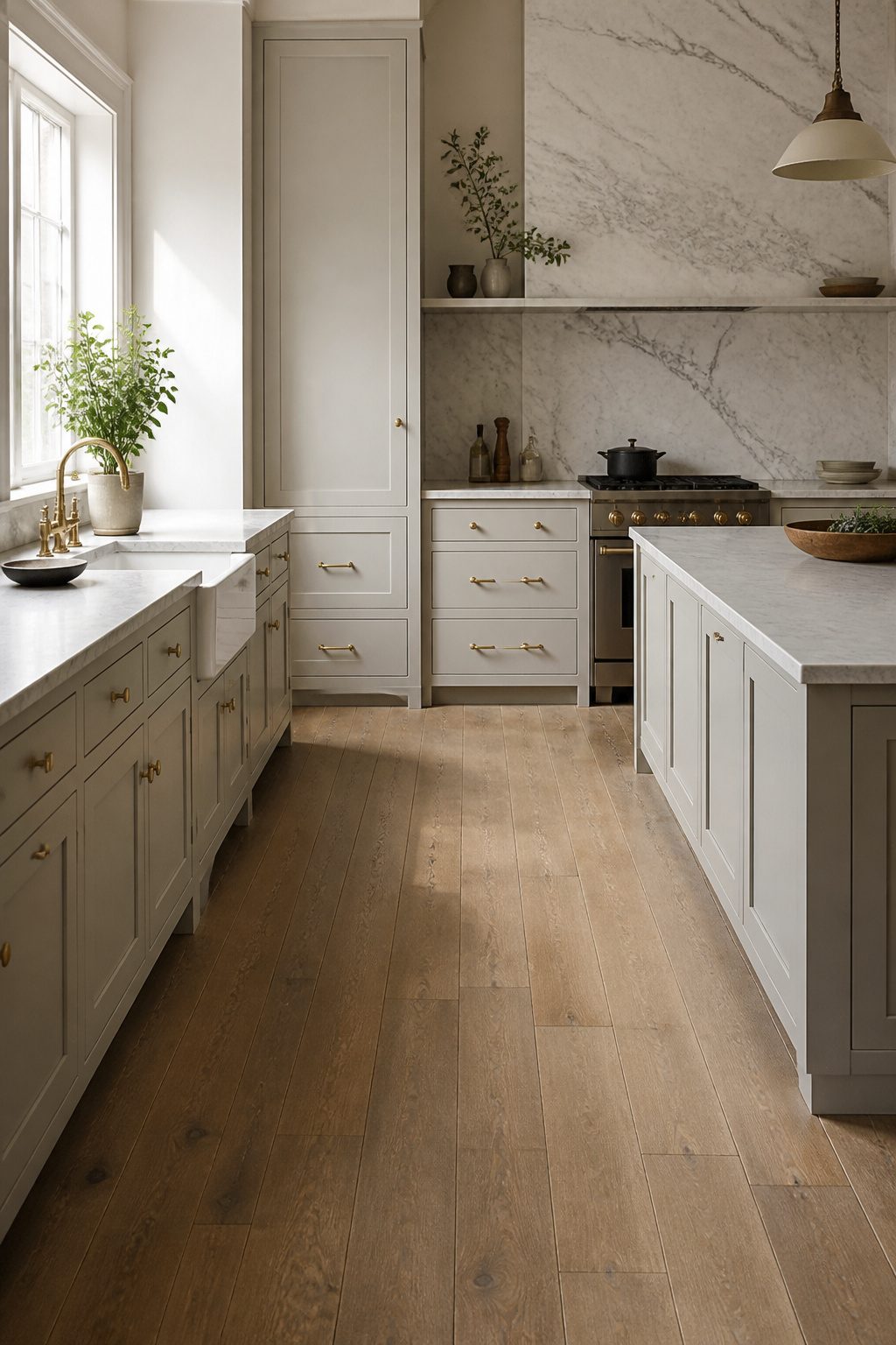 A kitchen with engineered hardwood flooring and floor-to-ceiling marble backsplash.