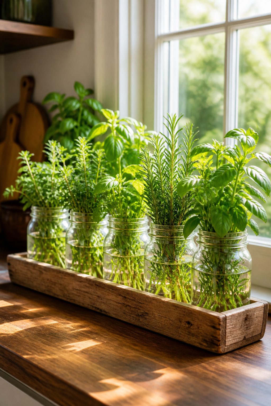 Small jars filled with fresh herbs arranged on a kitchen countertop.