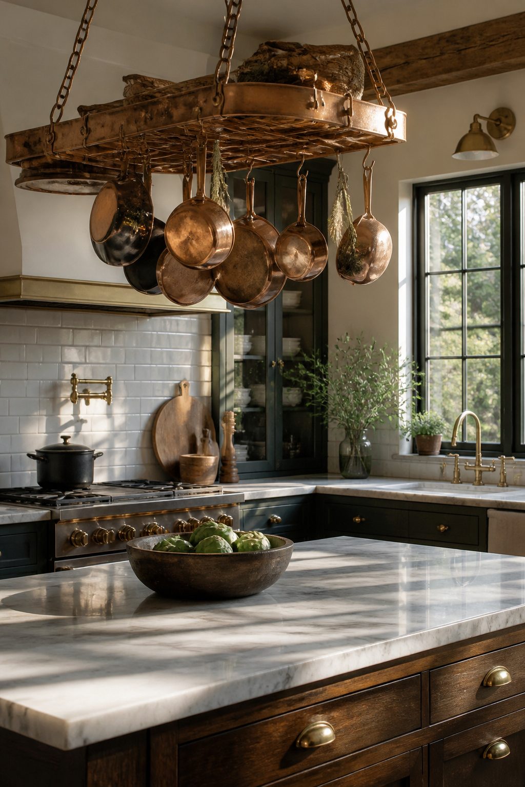 A kitchen with a copper pot rack and marble countertop.