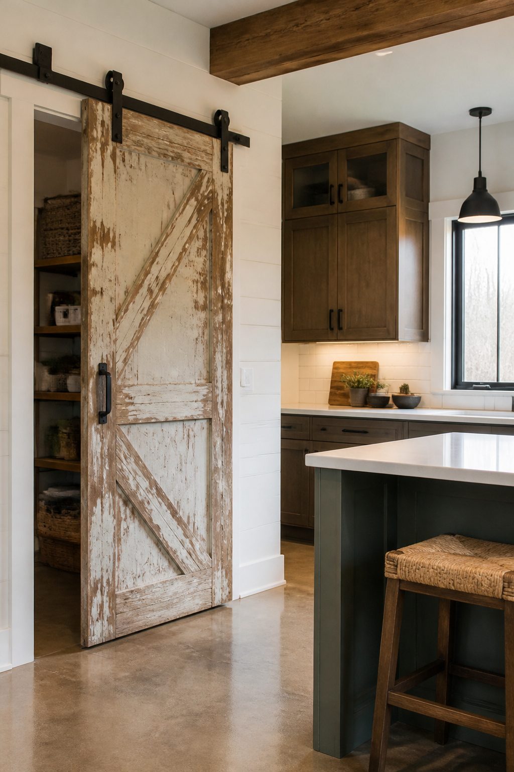 Rustic barn door on sliding hardware in a barndominium kitchen.