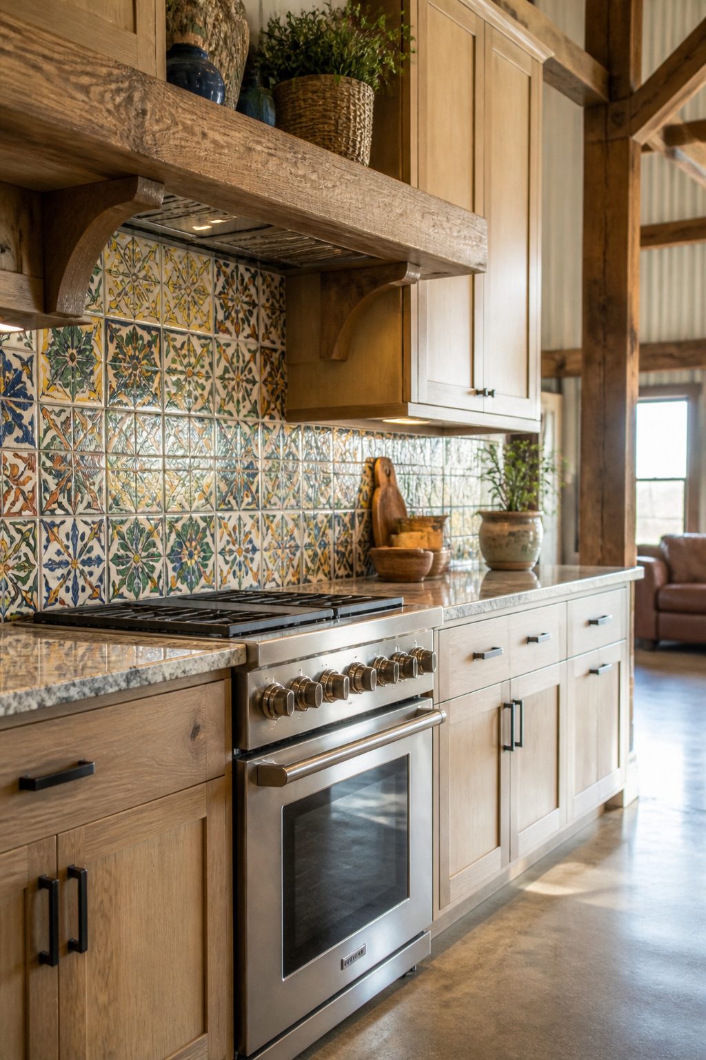 Intricate hand-painted tiles forming a backsplash in a barndominium kitchen.