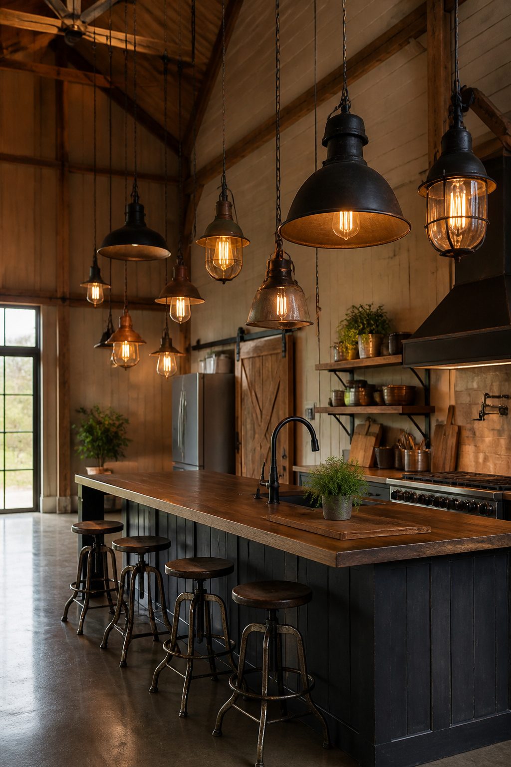 Large wagon wheel chandelier hanging in a barndominium kitchen.
