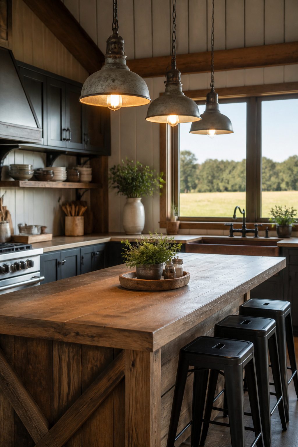 Pendants hanging over a kitchen counter in a barndominium.