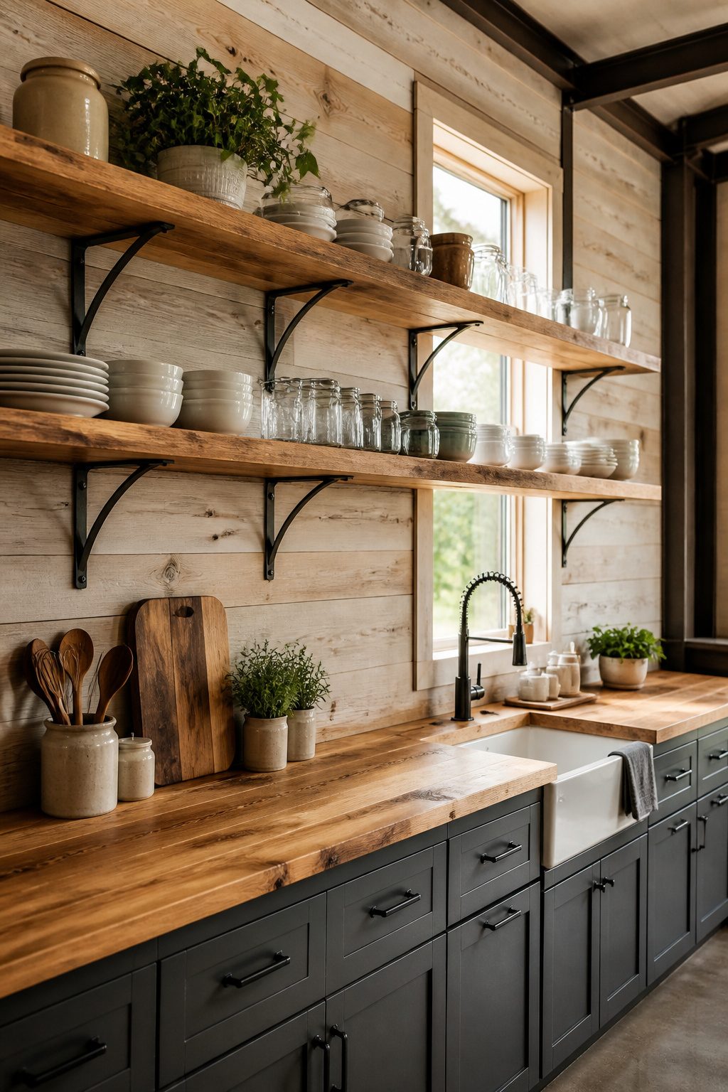 Open shelves made of reclaimed pine in a spacious barndominium kitchen.