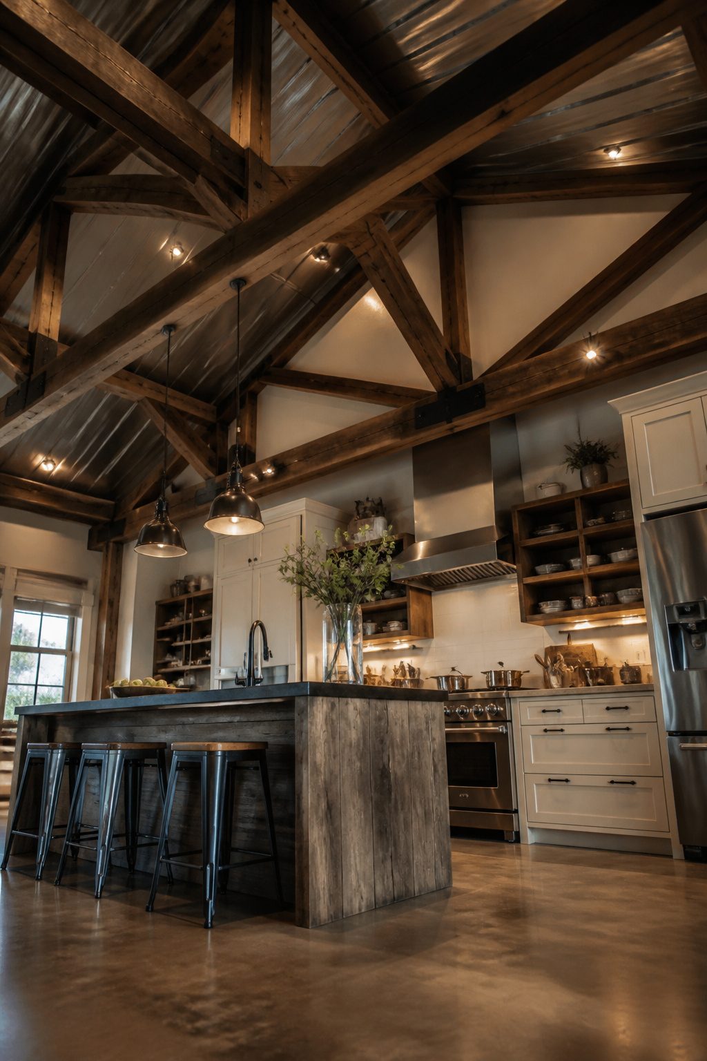 High ceilings with exposed beams in a barndominium kitchen.