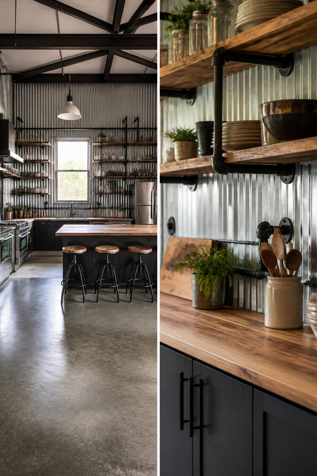 Industrial-style kitchen with concrete floors and wood countertops.