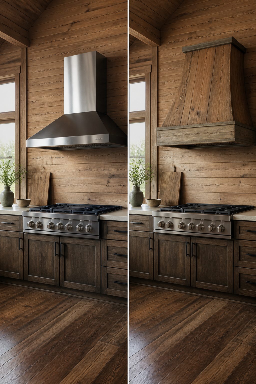 A barndominium kitchen with stainless steel appliances and reclaimed wood accents.